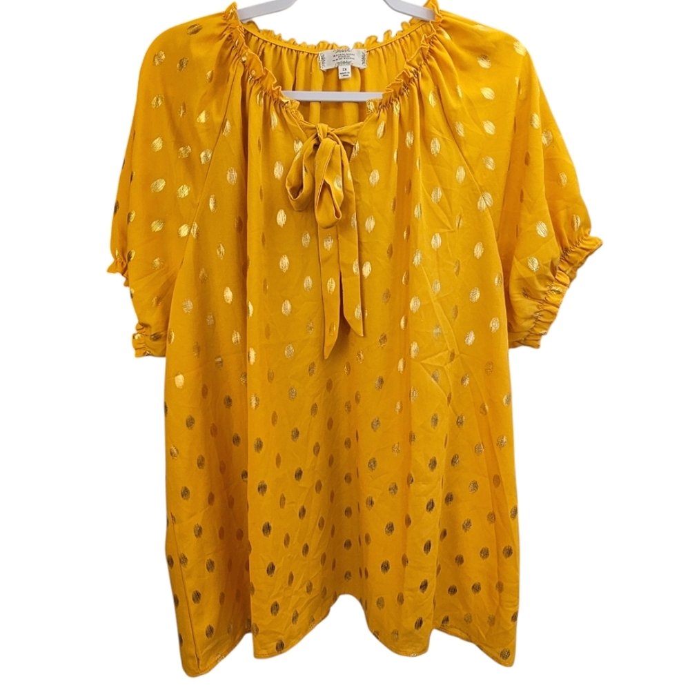 Shannon Ford New York Embellished Tie-Neck Blouse, Golden Yellow, Size 3X